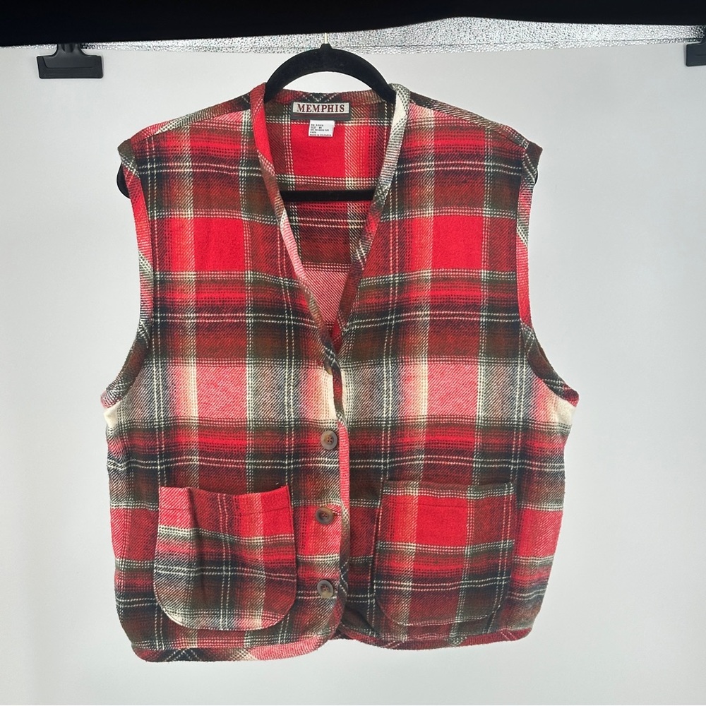 Red White Black Plaid Wool Button-Up Vest Unisex Men Women‎ Vintage 90’s Grunge